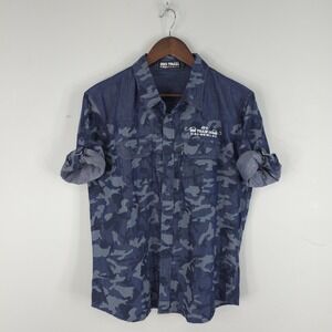 Big Train Shirt Mens Large Blue Camouflage 3/4 Sleeve Roll Tab Button Up Cotton